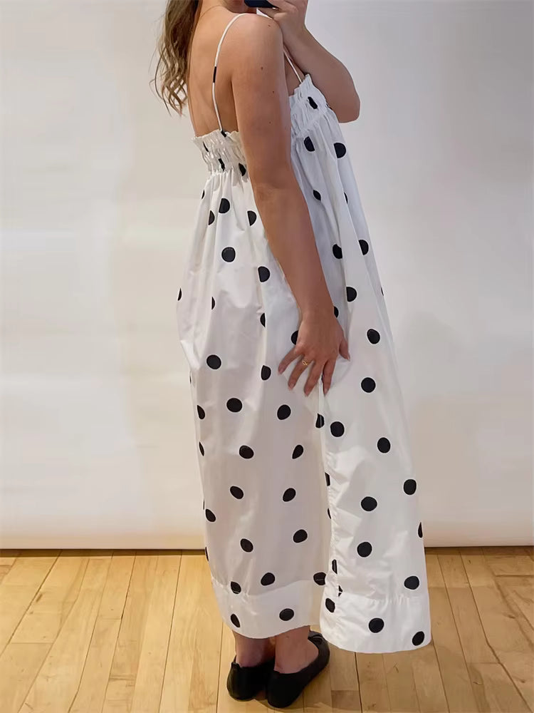 Casual Dot Print Ruffles Sleeveless Spaghetti Strap Loose Maxi Dress