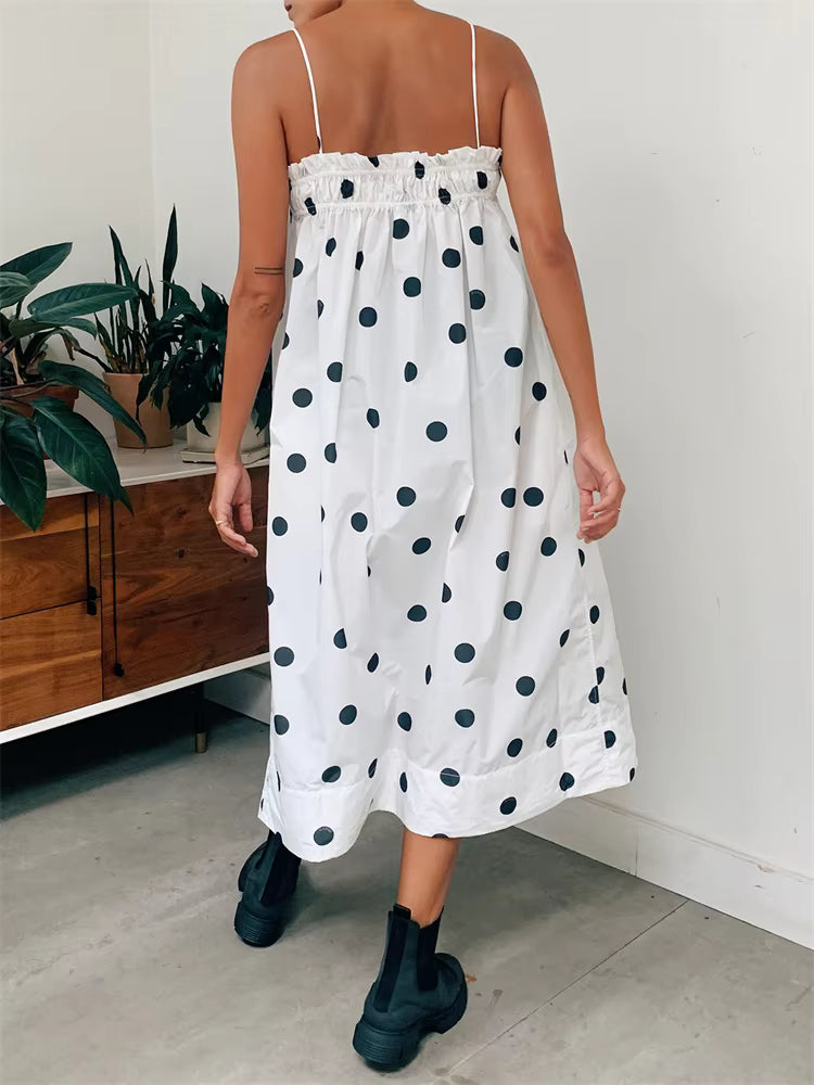 Casual Dot Print Ruffles Sleeveless Spaghetti Strap Loose Maxi Dress