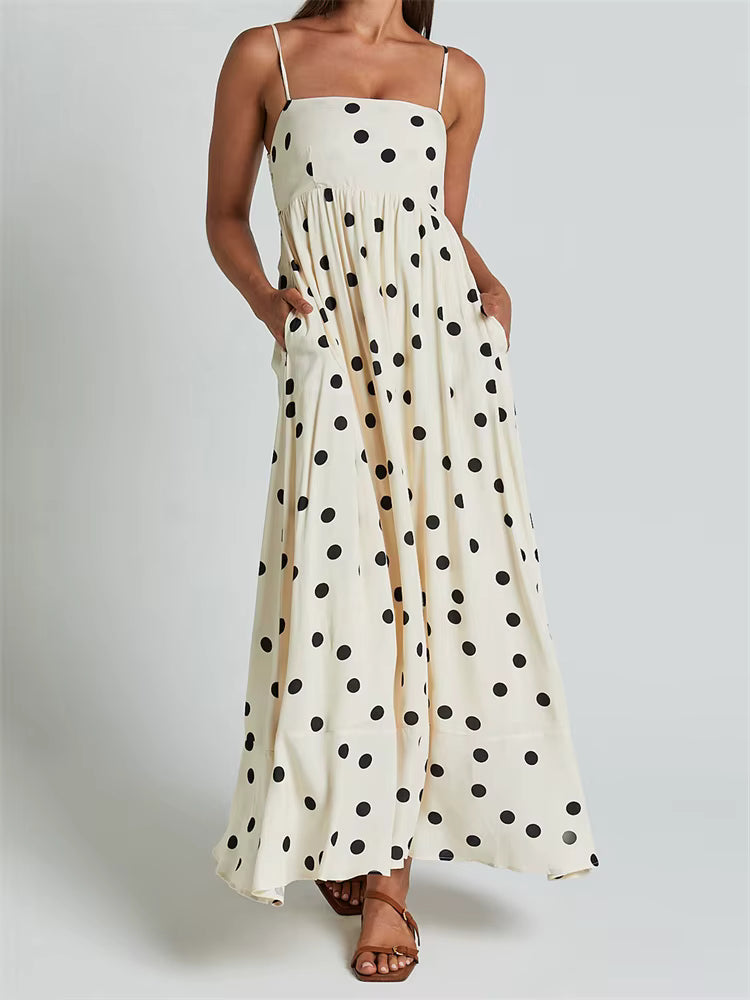 Casual Dot Printed A-Line Sleeveless Strap Ankle-Length Maxi Dress Streetwear