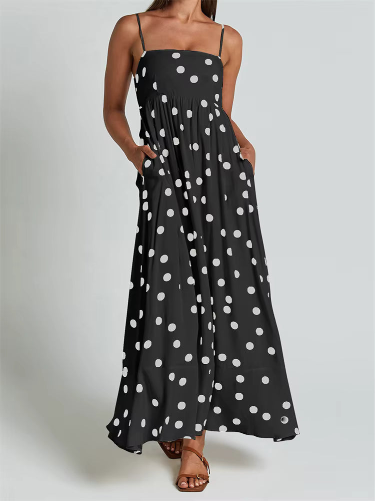 Casual Dot Printed A-Line Sleeveless Strap Ankle-Length Maxi Dress Streetwear