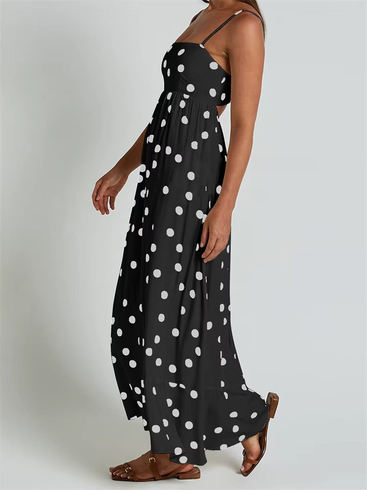 Casual Dot Printed A-Line Sleeveless Strap Ankle-Length Maxi Dress Streetwear