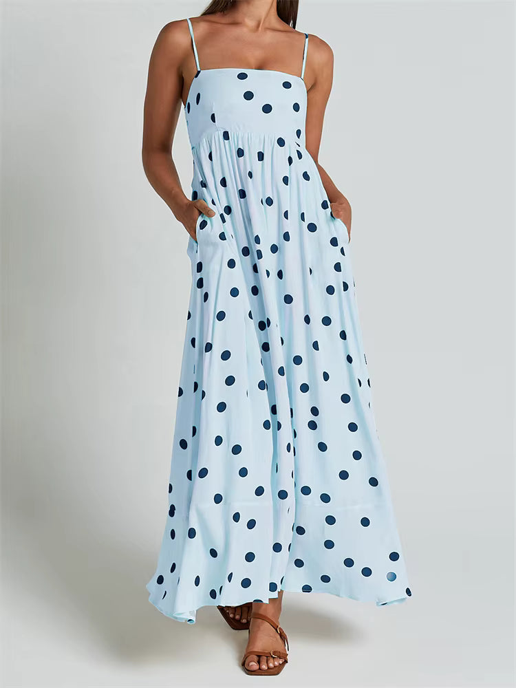 Casual Dot Printed A-Line Sleeveless Strap Ankle-Length Maxi Dress Streetwear