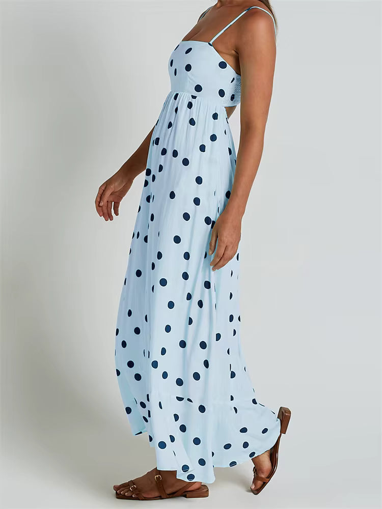 Casual Dot Printed A-Line Sleeveless Strap Ankle-Length Maxi Dress Streetwear