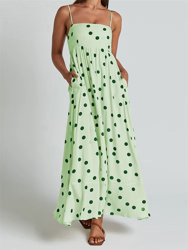Casual Dot Printed A-Line Sleeveless Strap Ankle-Length Maxi Dress Streetwear