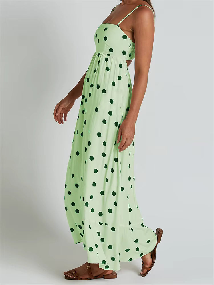 Casual Dot Printed A-Line Sleeveless Strap Ankle-Length Maxi Dress Streetwear