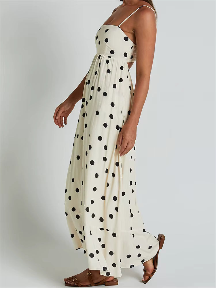 Casual Dot Printed A-Line Sleeveless Strap Ankle-Length Maxi Dress Streetwear