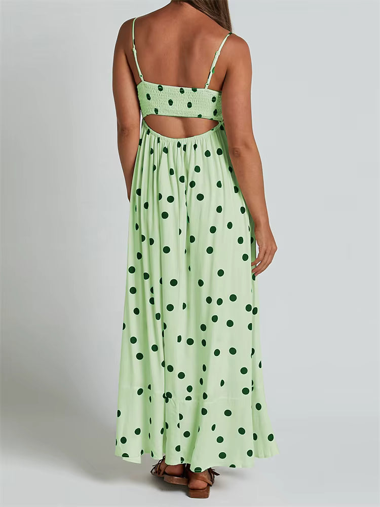 Casual Dot Printed A-Line Sleeveless Strap Ankle-Length Maxi Dress Streetwear