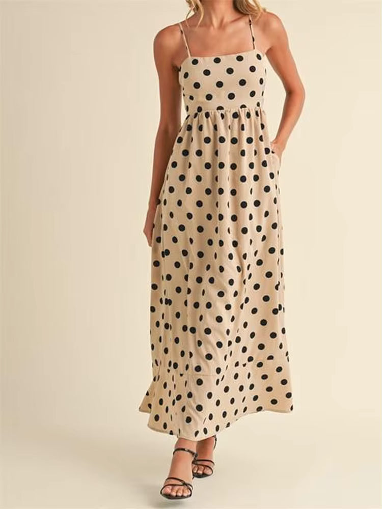 Casual Dot Printed A-Line Sleeveless Strap Ankle-Length Maxi Dress Streetwear