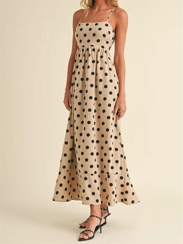 Casual Dot Printed A-Line Sleeveless Strap Ankle-Length Maxi Dress Streetwear
