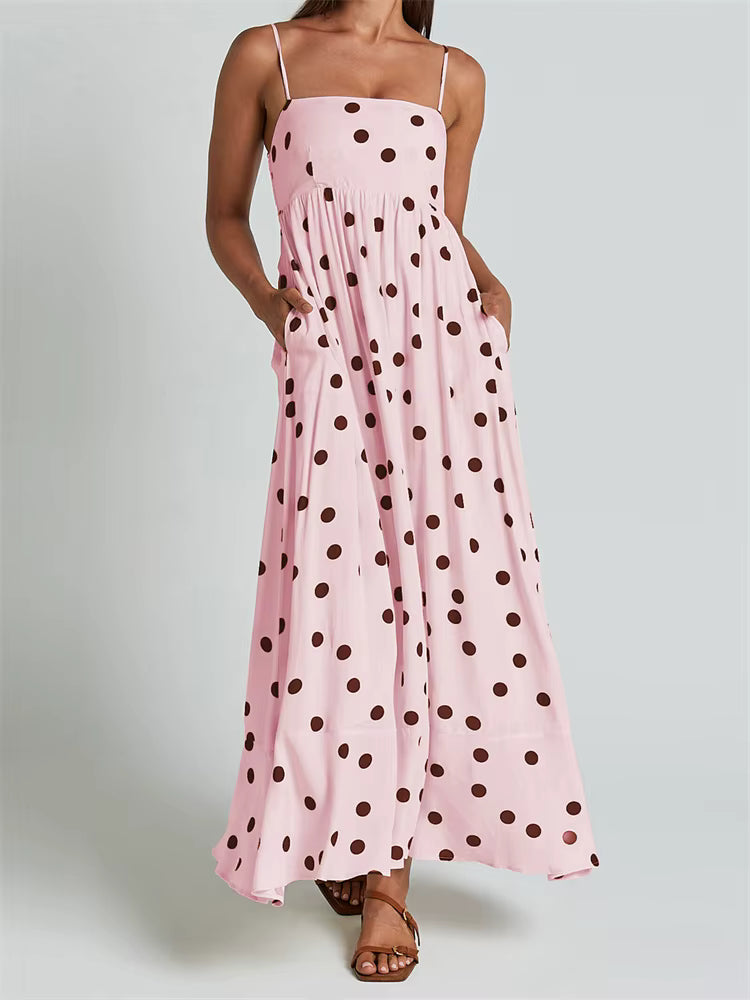 Casual Dot Printed A-Line Sleeveless Strap Ankle-Length Maxi Dress Streetwear