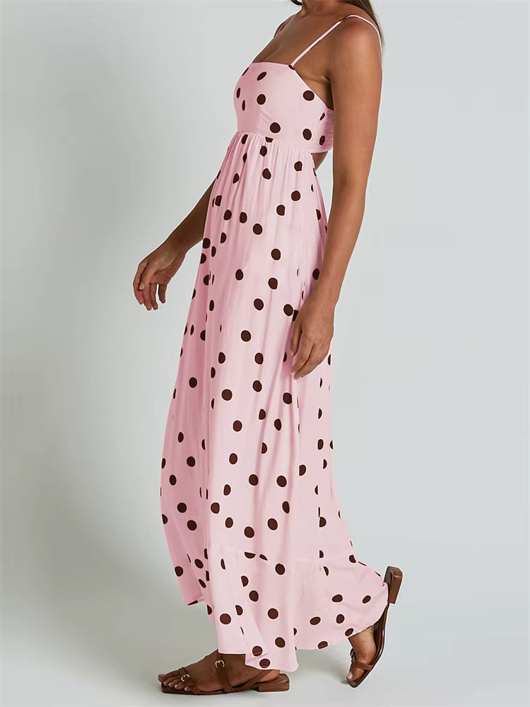 Casual Dot Printed A-Line Sleeveless Strap Ankle-Length Maxi Dress Streetwear