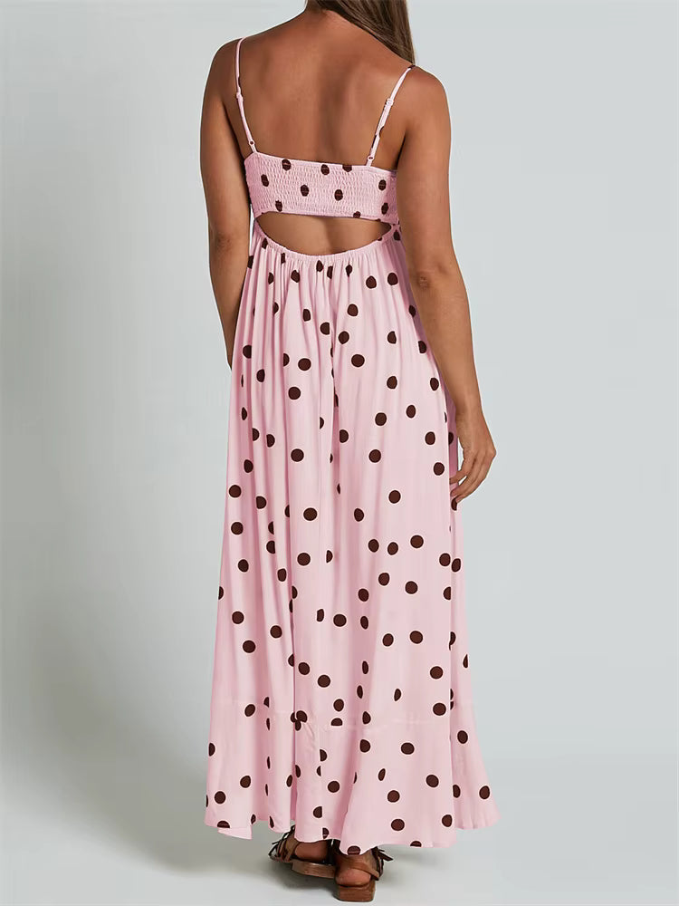 Casual Dot Printed A-Line Sleeveless Strap Ankle-Length Maxi Dress Streetwear