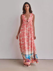 Casual Dreamy Cloud Pattern Ruffles Sleeveless V-neck Maxi Dress