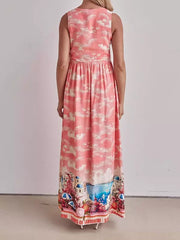 Casual Dreamy Cloud Pattern Ruffles Sleeveless V-neck Maxi Dress