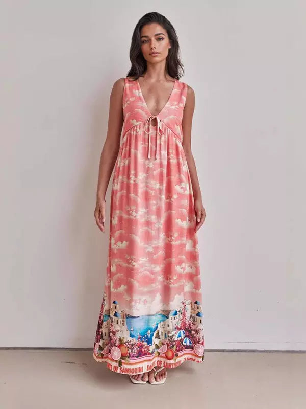 Casual Dreamy Cloud Pattern Ruffles Sleeveless V-neck Maxi Dress