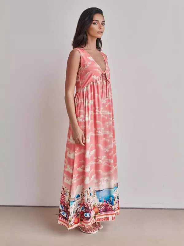 Casual Dreamy Cloud Pattern Ruffles Sleeveless V-neck Maxi Dress
