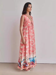 Casual Dreamy Cloud Pattern Ruffles Sleeveless V-neck Maxi Dress