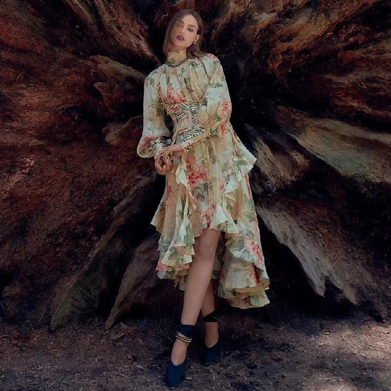Casual Elastic Asymmetrical Floral Party Dress