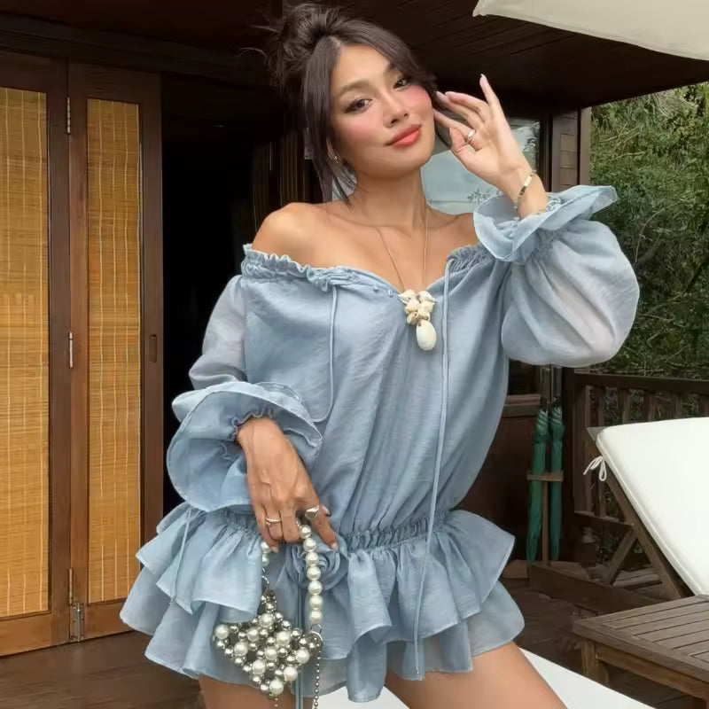 Casual Elastic Low Waist 3D Flower Layered Ruffled Trim Boat Neck Off Shoulder Mini Dress