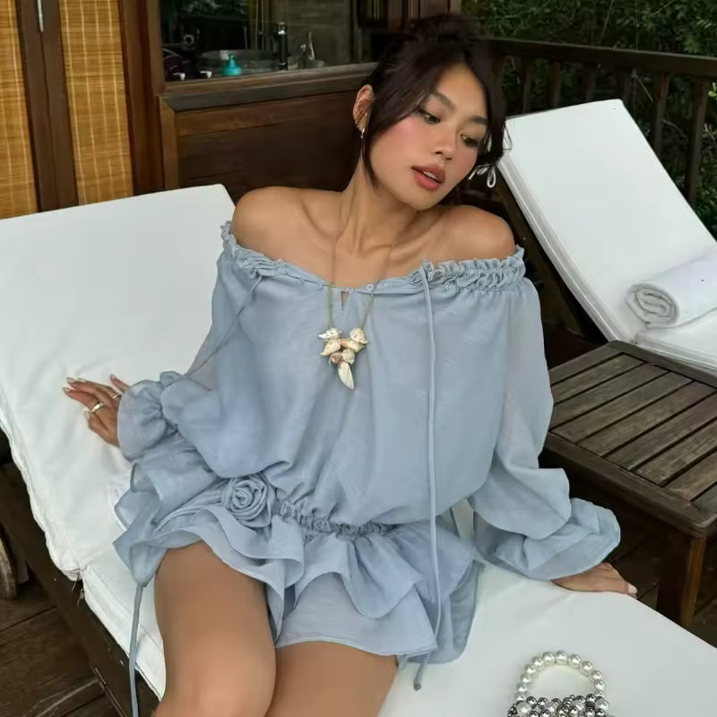 Casual Elastic Low Waist 3D Flower Layered Ruffled Trim Boat Neck Off Shoulder Mini Dress