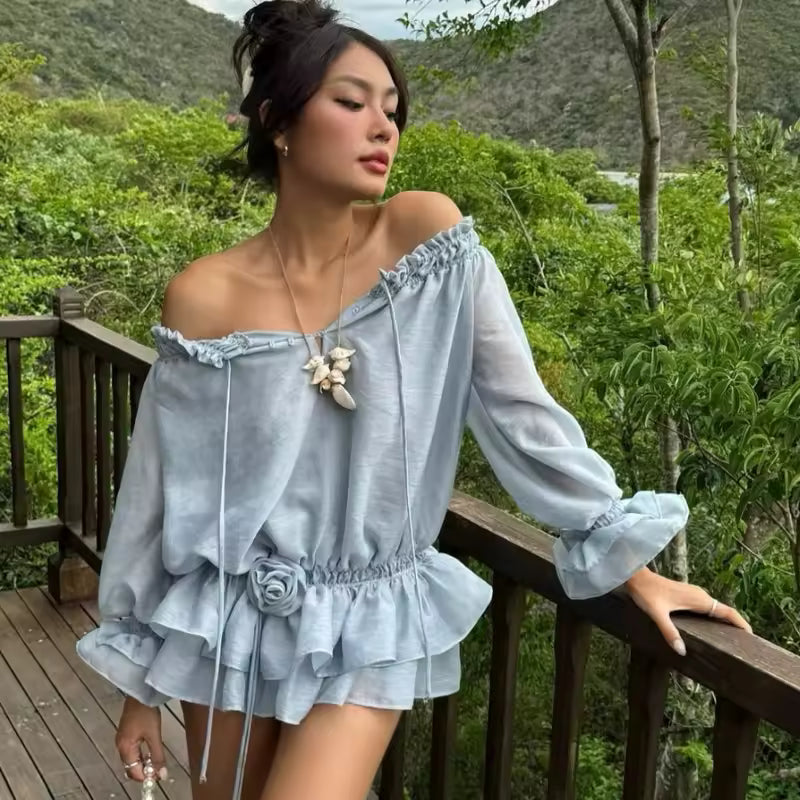 Casual Elastic Low Waist 3D Flower Layered Ruffled Trim Boat Neck Off Shoulder Mini Dress