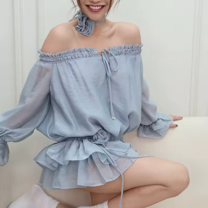 Casual Elastic Low Waist 3D Flower Layered Ruffled Trim Boat Neck Off Shoulder Mini Dress
