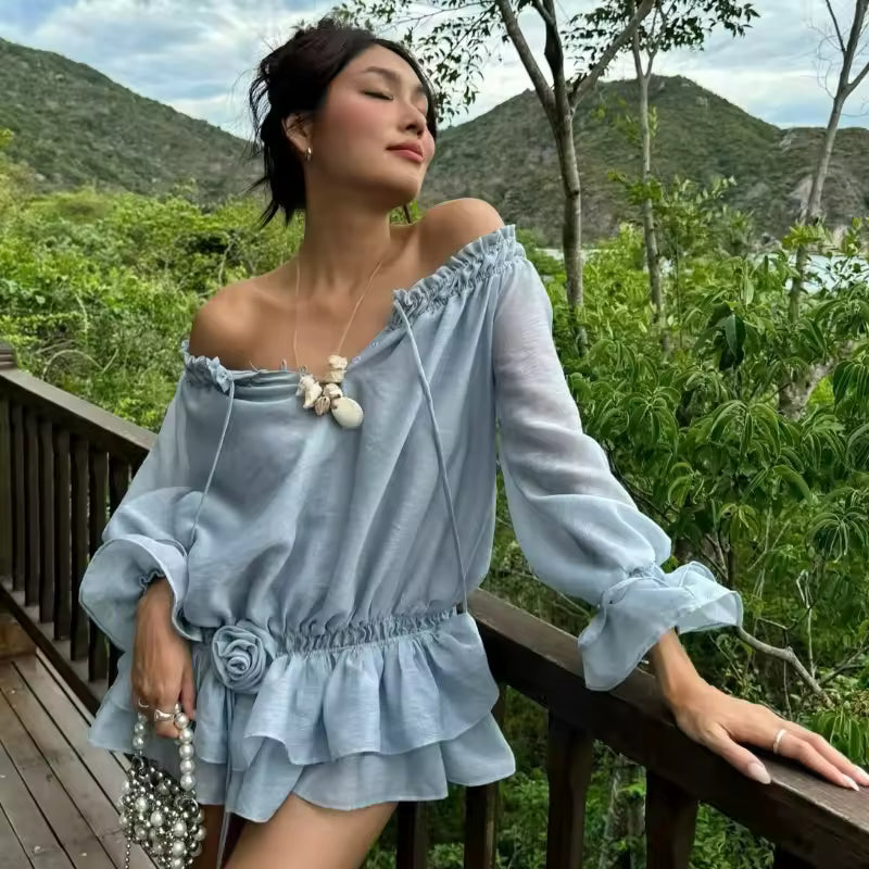 Casual Elastic Low Waist 3D Flower Layered Ruffled Trim Boat Neck Off Shoulder Mini Dress