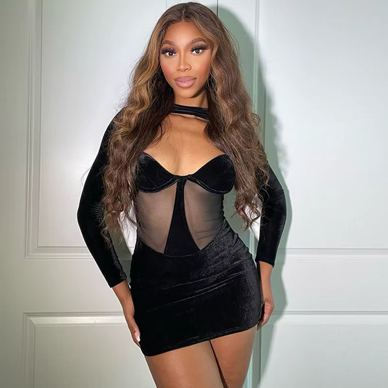 Casual Elastic Tight Hollow Out Long Sleeve Bodycon Midi Dress