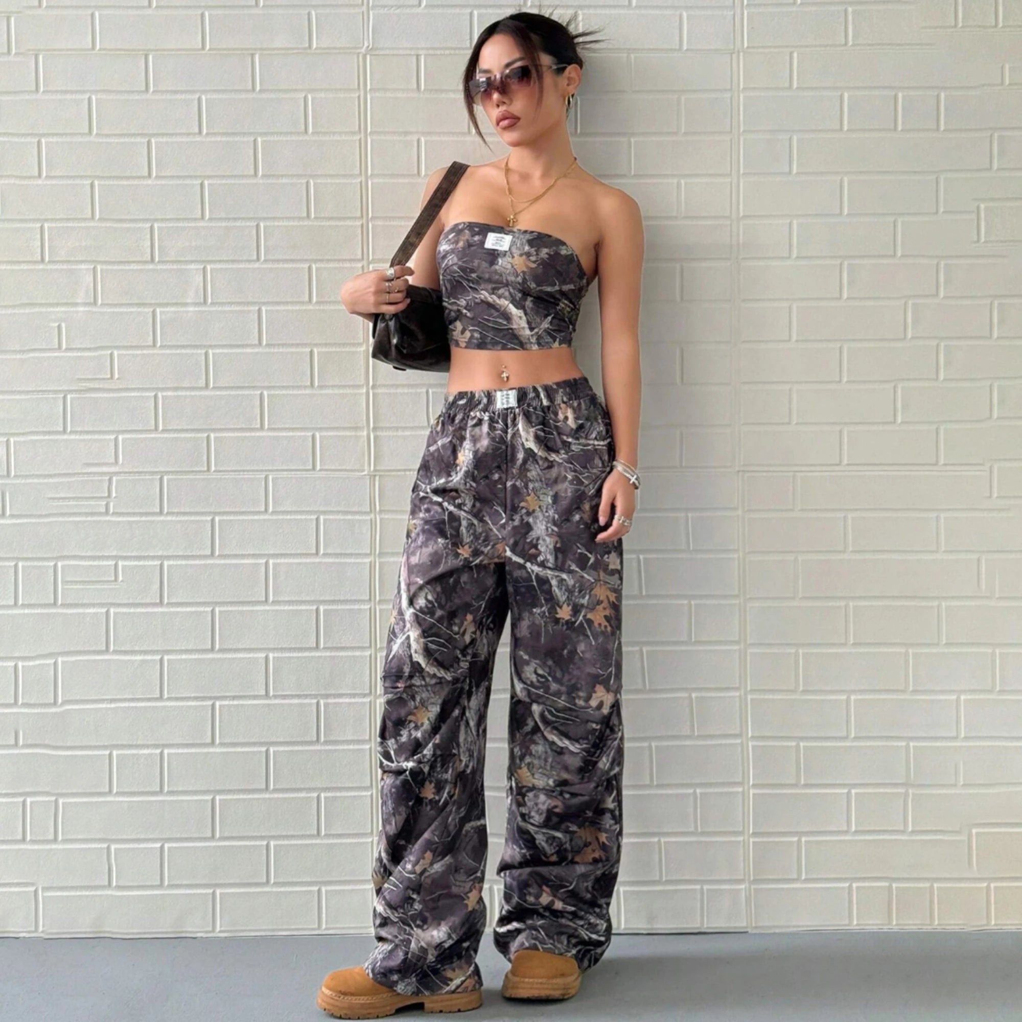 Casual Elastic Waist Printed Crop Top Slimming Workwear Pants Set