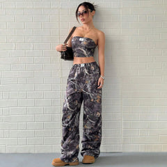 Casual Elastic Waist Printed Crop Top Slimming Workwear Pants Set