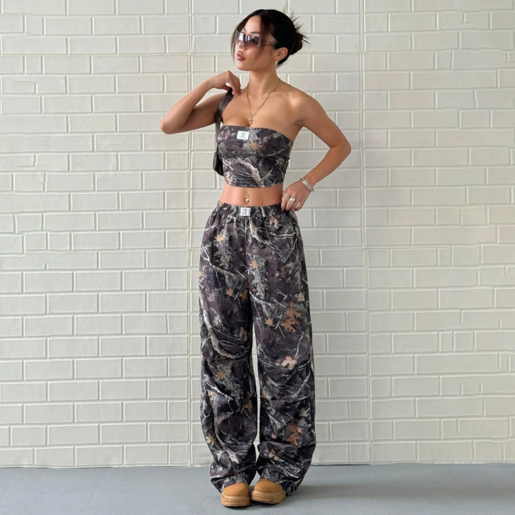 Casual Elastic Waist Printed Crop Top Slimming Workwear Pants Set