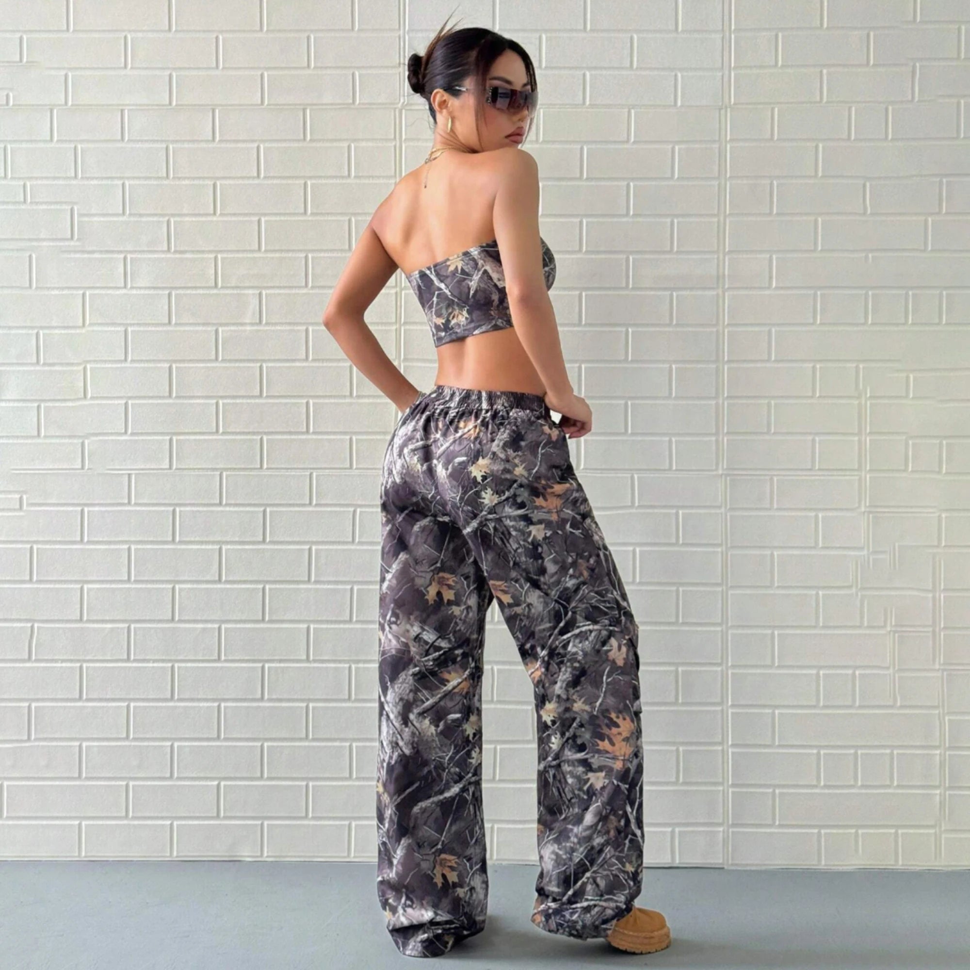 Casual Elastic Waist Printed Crop Top Slimming Workwear Pants Set