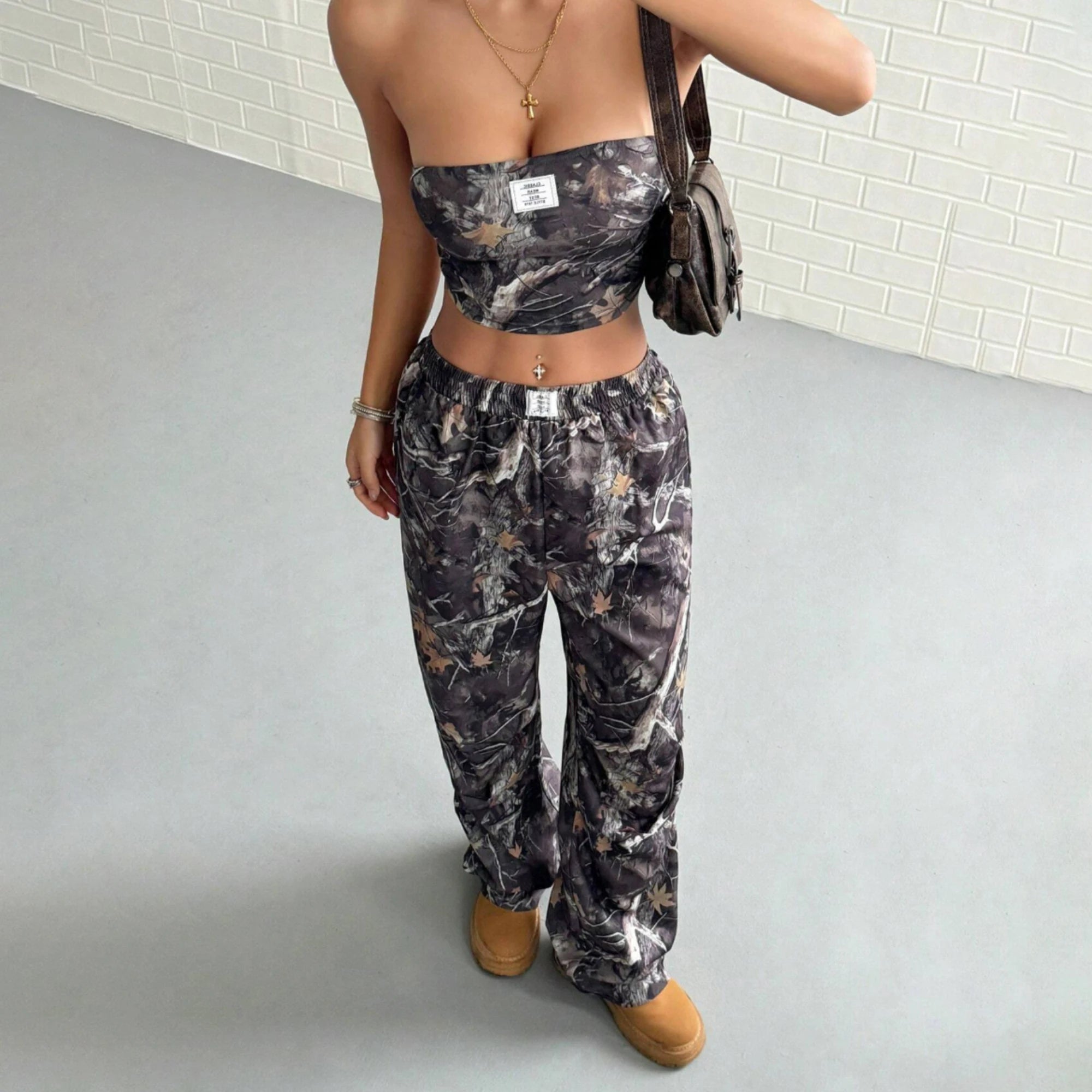 Casual Elastic Waist Printed Crop Top Slimming Workwear Pants Set