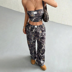 Casual Elastic Waist Printed Crop Top Slimming Workwear Pants Set