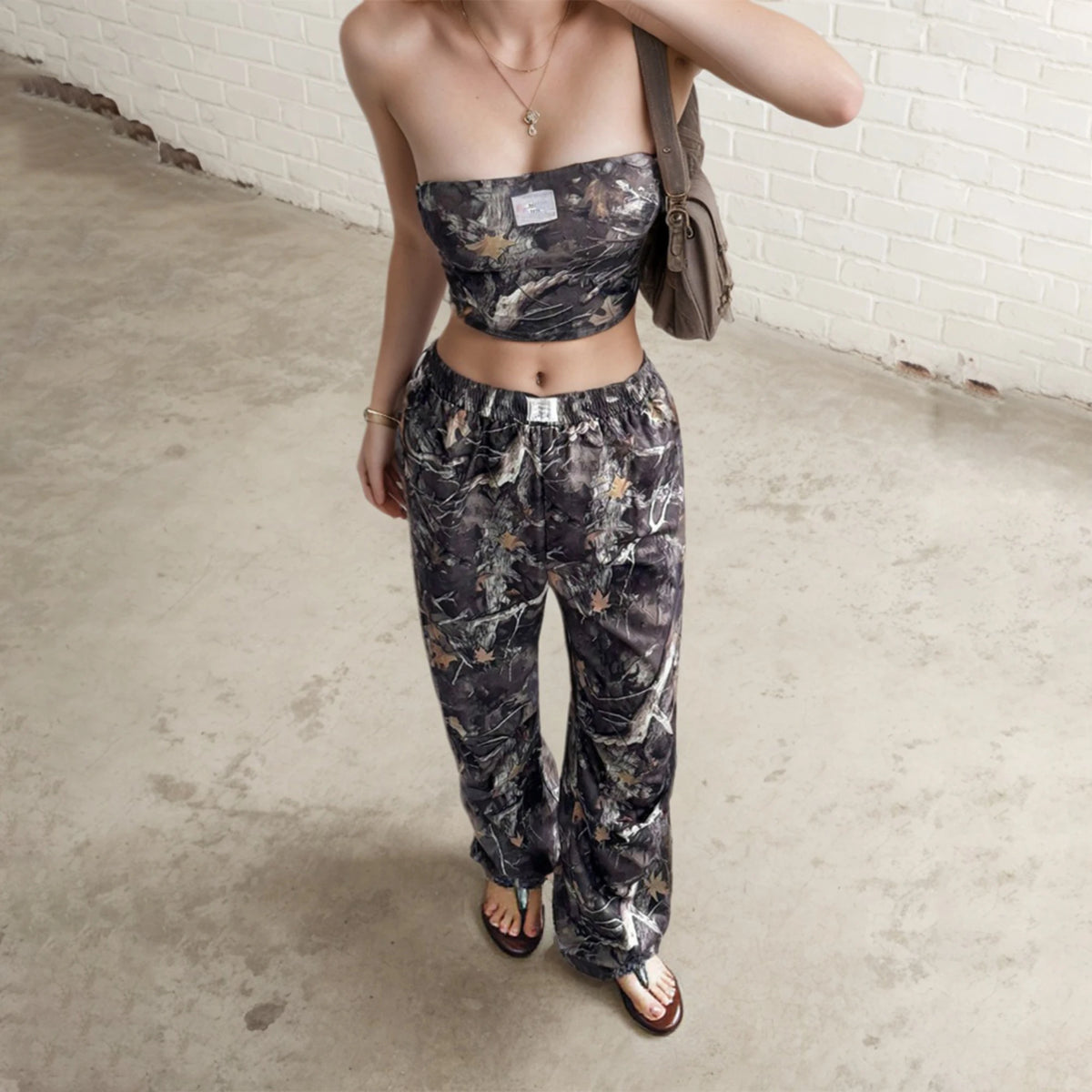 Casual Elastic Waist Printed Crop Top Slimming Workwear Pants Set