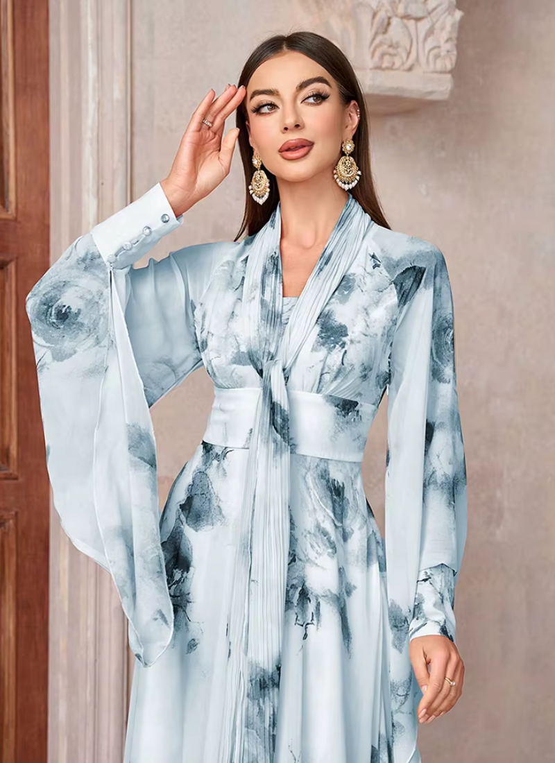 Casual Elegant Floral Print High Waist Bell Sleeve Maxi Long Dress