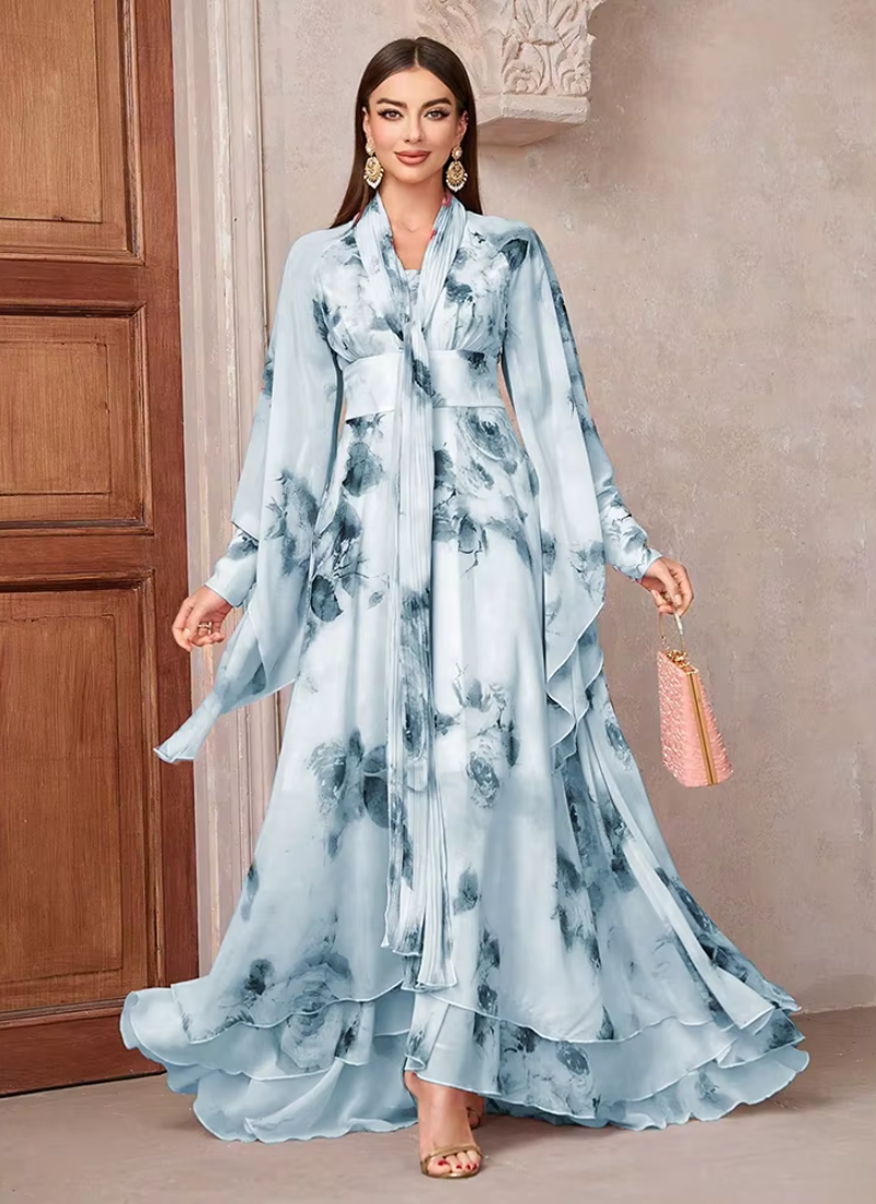 Casual Elegant Floral Print High Waist Bell Sleeve Maxi Long Dress