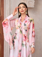Casual Elegant Floral Print High Waist Bell Sleeve Maxi Long Dress