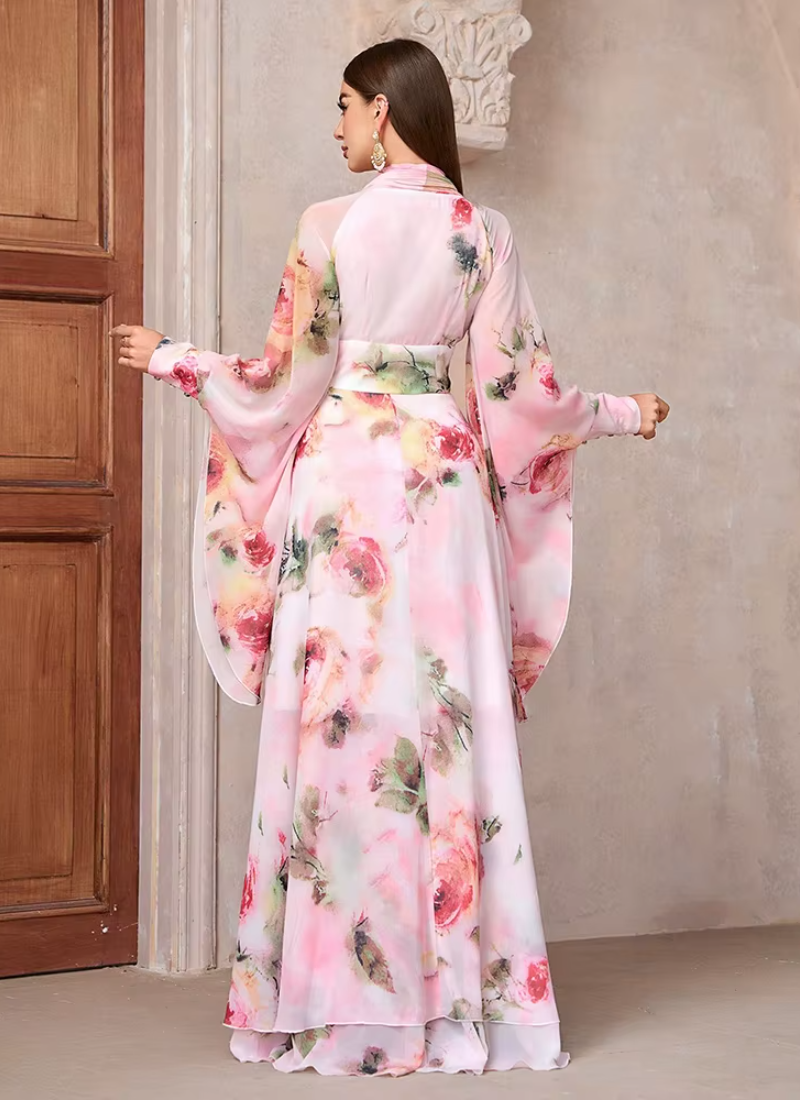 Casual Elegant Floral Print High Waist Bell Sleeve Maxi Long Dress