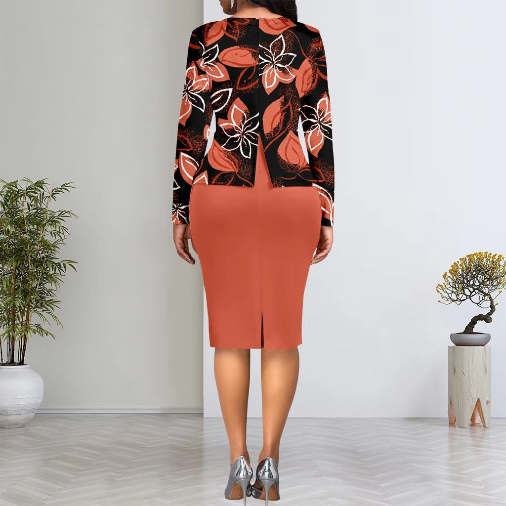 Casual Elegant Floral Print Round Neck Long Sleeved Slit Office Lady Dress