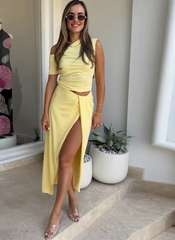 Casual Elegant Slant Shoulder Short Sleeve Waist less Split Solid Long Dresses