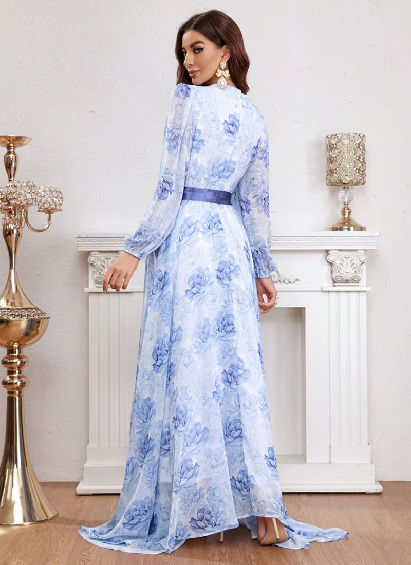 Casual Elegant V-Neck Lantern Sleeve Flower Printed Wrap Belted Long Maxi Dresses