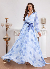 Casual Elegant V-Neck Lantern Sleeve Flower Printed Wrap Belted Long Maxi Dresses