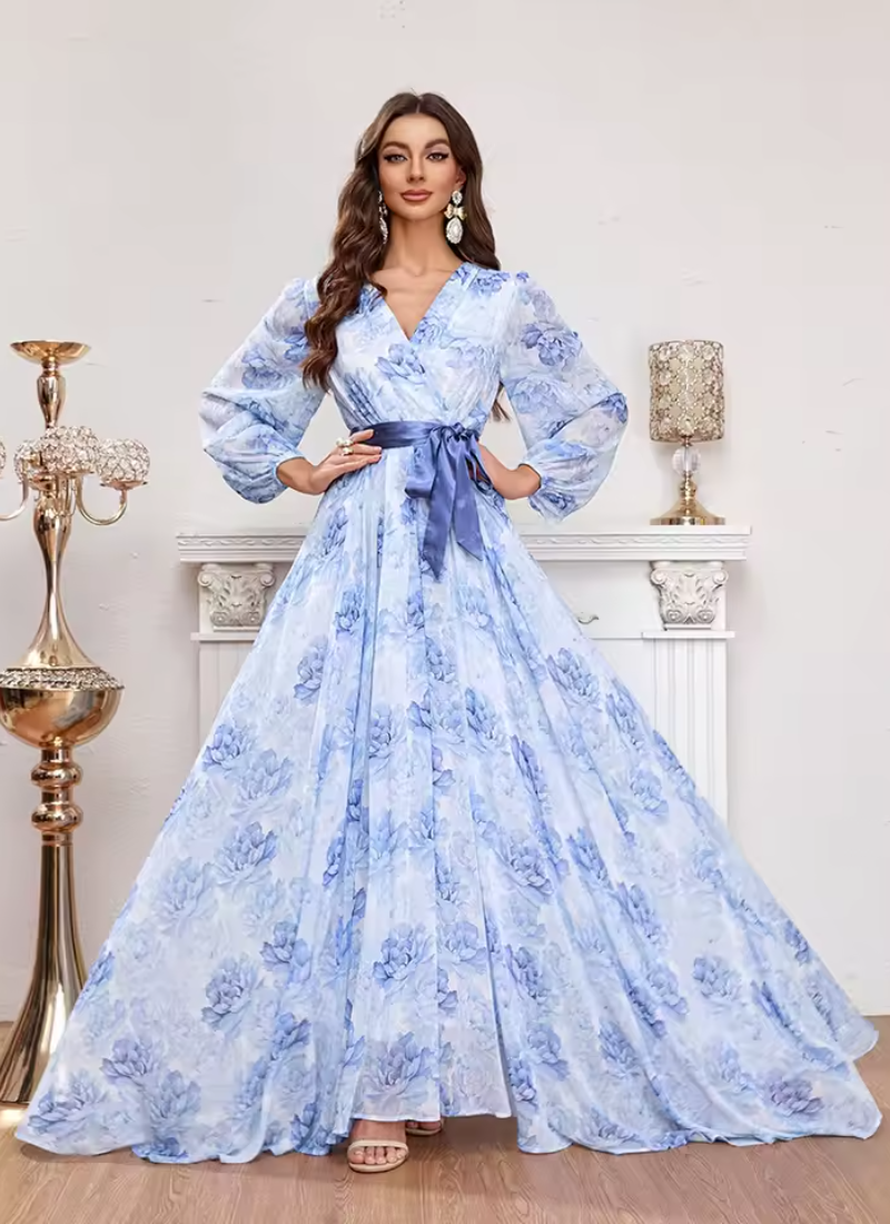 Casual Elegant V-Neck Lantern Sleeve Flower Printed Wrap Belted Long Maxi Dresses