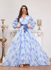 Casual Elegant V-Neck Lantern Sleeve Flower Printed Wrap Belted Long Maxi Dresses
