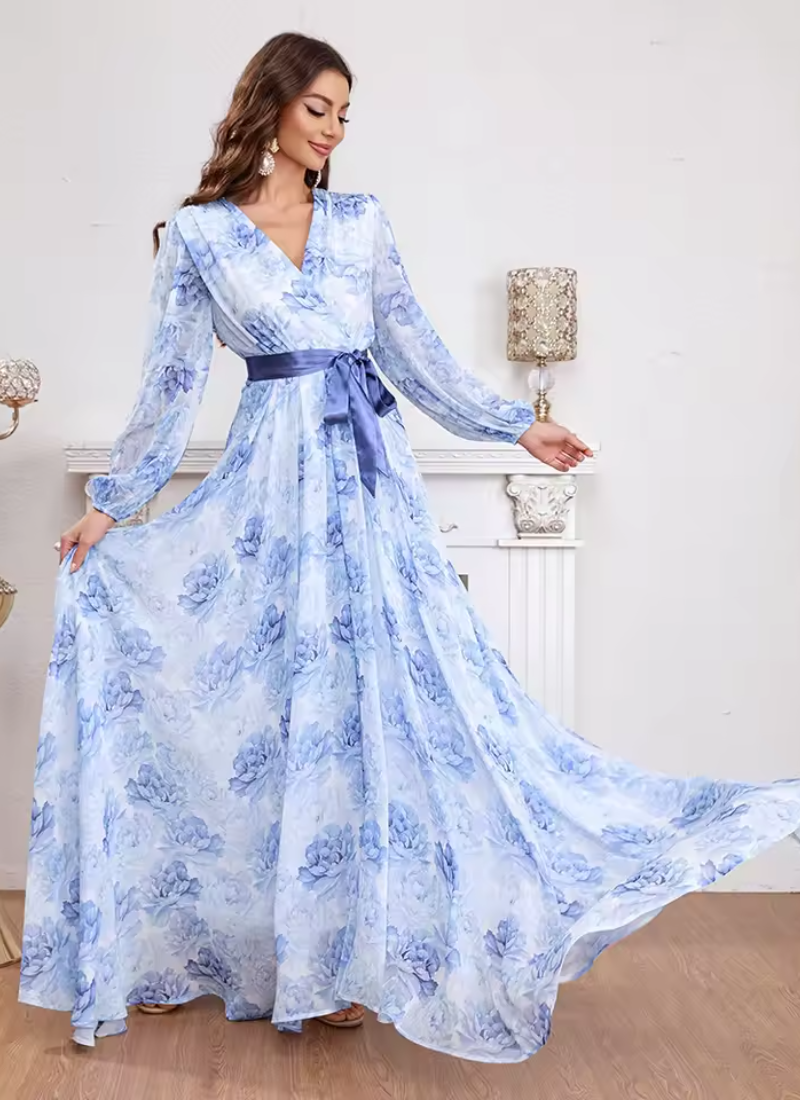 Casual Elegant V-Neck Lantern Sleeve Flower Printed Wrap Belted Long Maxi Dresses
