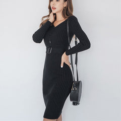 Casual Elegant V-neck Belted Sweater Dress
