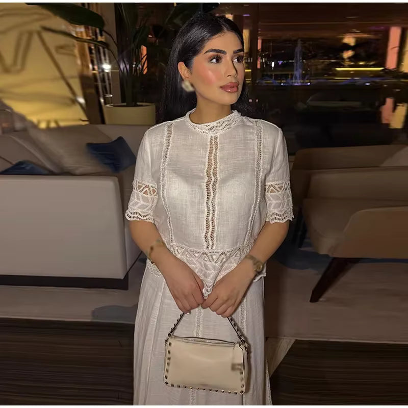 Casual Embroidery Hollow Out Top O-neck Short Sleeve Blouse Pleated A-line Long Skirts Two Piece Set