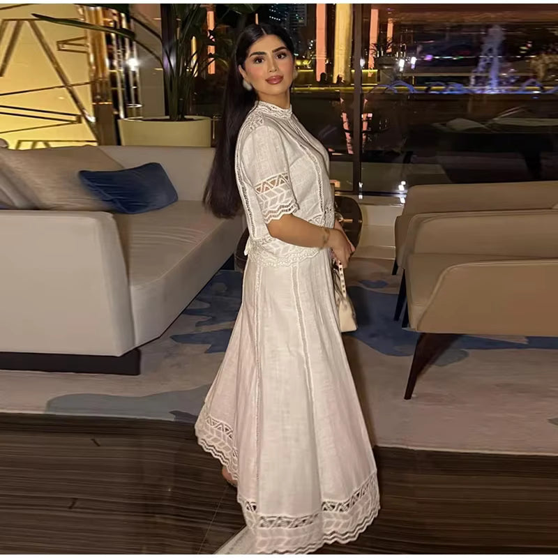 Casual Embroidery Hollow Out Top O-neck Short Sleeve Blouse Pleated A-line Long Skirts Two Piece Set