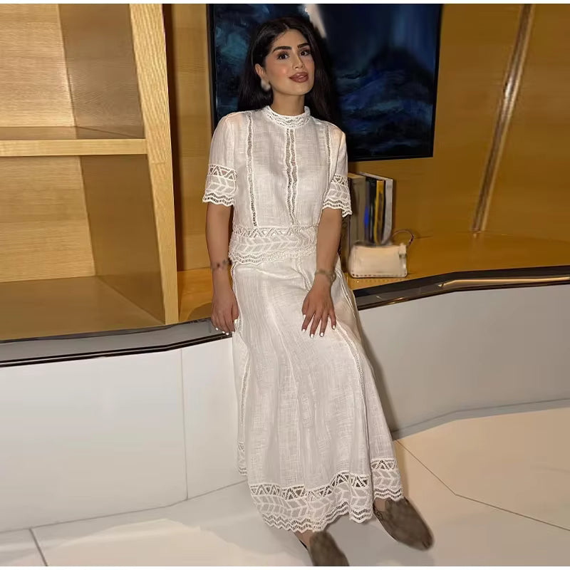 Casual Embroidery Hollow Out Top O-neck Short Sleeve Blouse Pleated A-line Long Skirts Two Piece Set